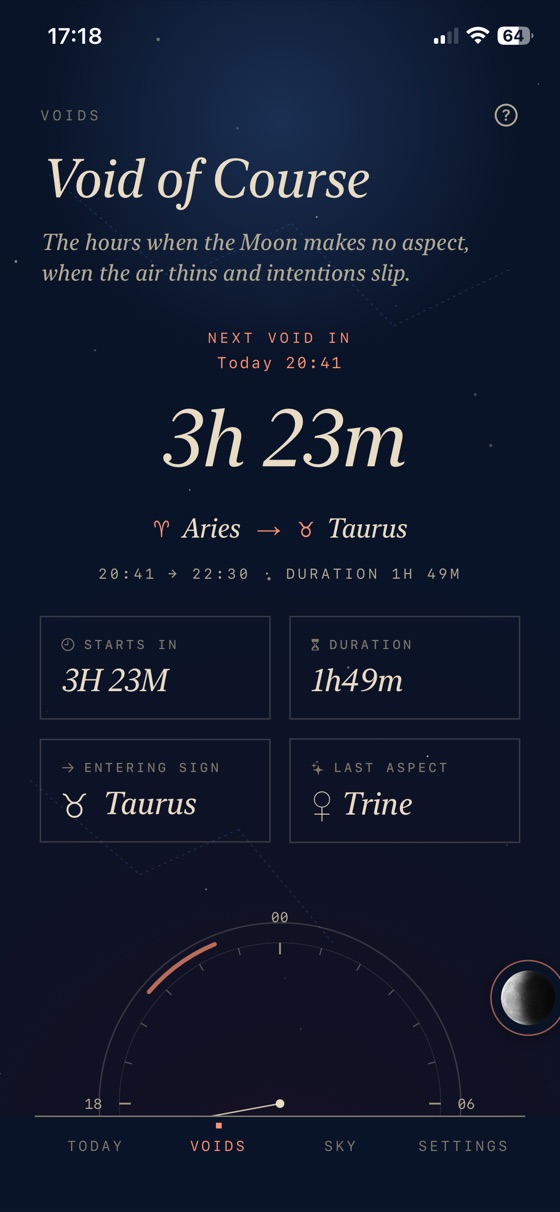 AstroMoon showing the current void of course status